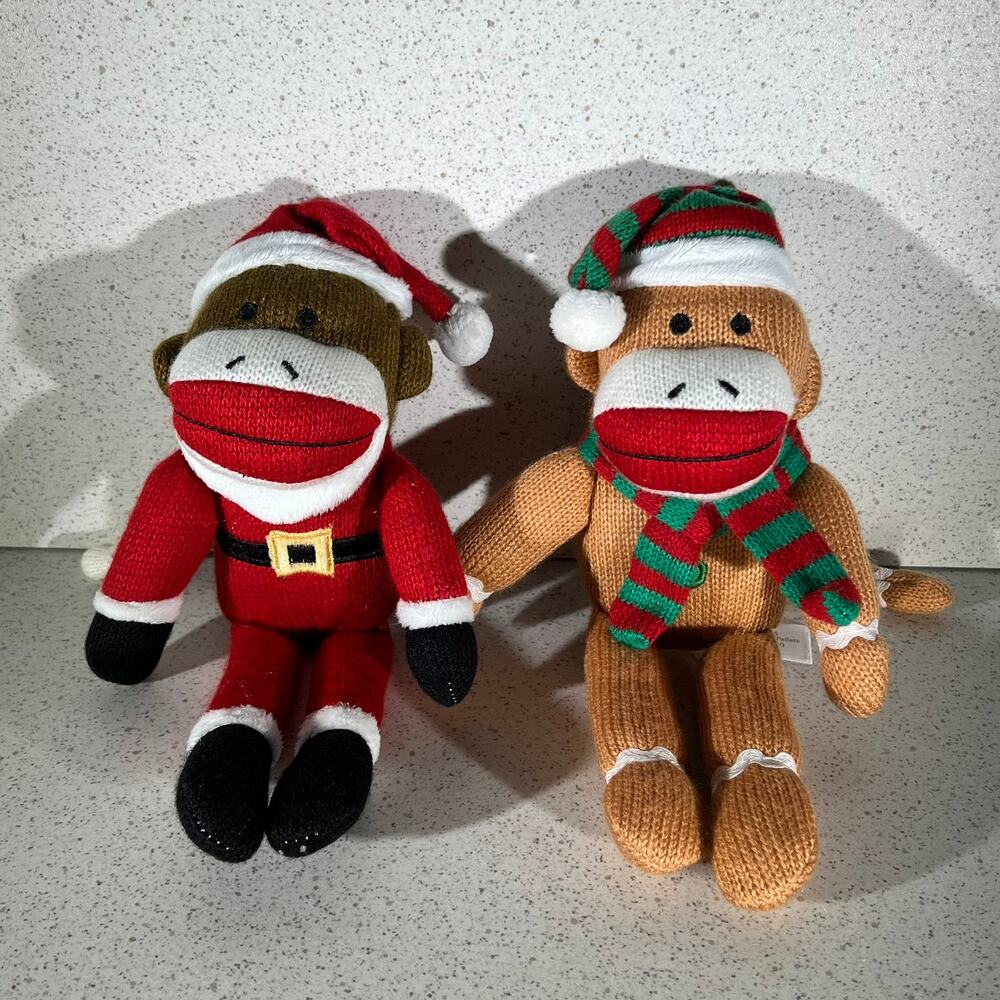 Lot of 2 Vintage Sock Monkey Christmas Plush Stuffed Animal Toys Decor